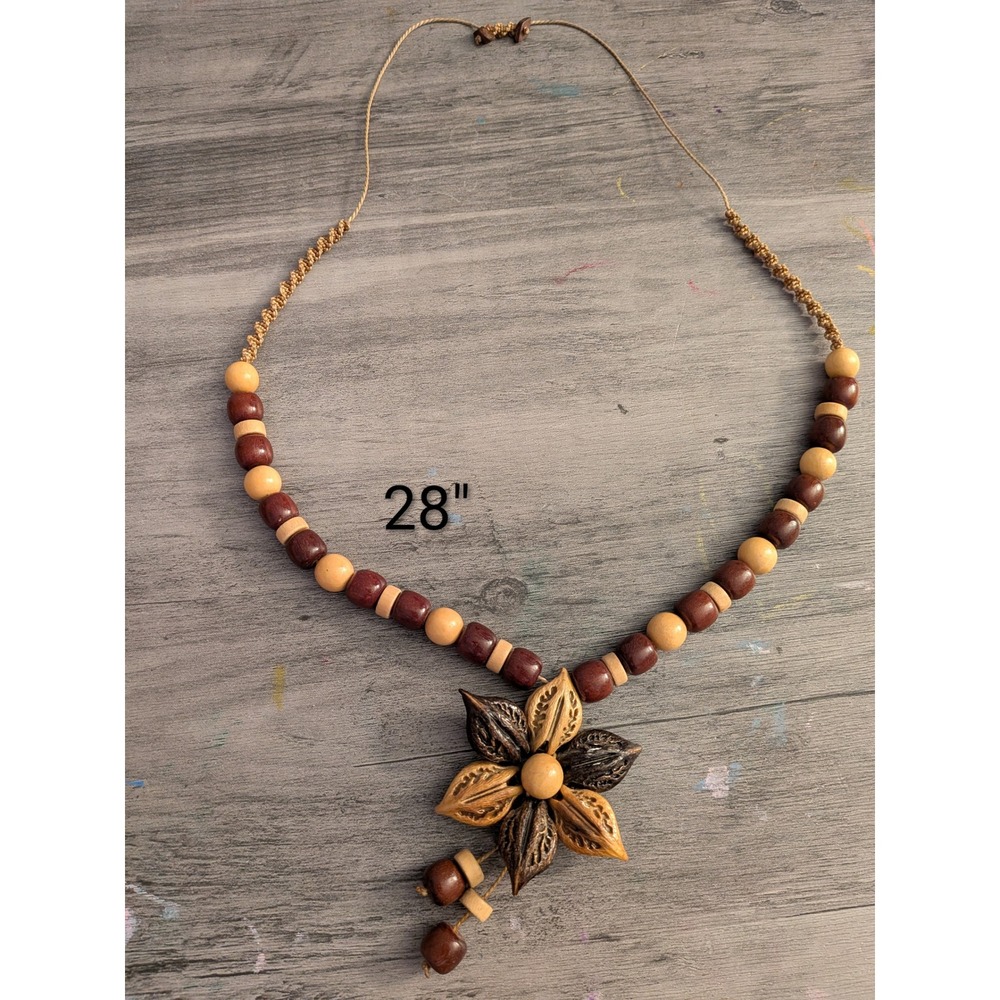 Boho Wooden Beaded‎ Flower Pendant Necklace Natural Earth Tone Macrame 28 Inch